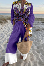 Abstract Print Oversized Shirt and Elastic Waist Pocket Pants Set