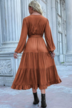 Scarlett Aesthetic Pleated Dress with Cinnamon Knots, Lantern Sleeves and Ruffled Hem Chic Silhouette Collection
