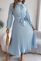 Mock Neck Lantern Sleeve Belted Pleated A-Line Midi Dress