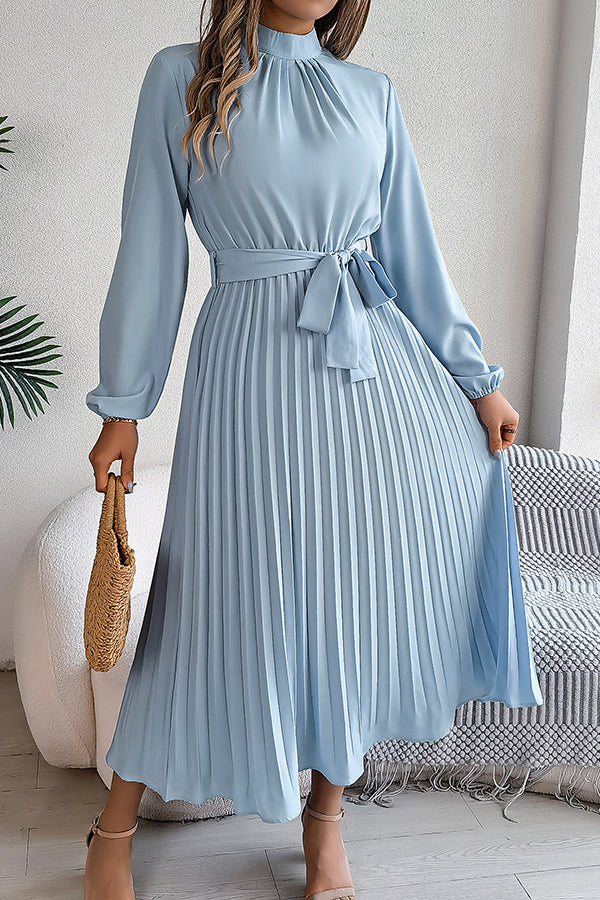 Mock Neck Lantern Sleeve Belted Pleated A-Line Midi Dress