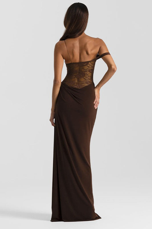 Lace Spaghetti Strap Corset Wrap Drape Panel Maxi Dress