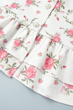 Oversized Collar Puff Sleeve Pearl Button Ruffle Tier Hem Floral Print Mini Dress