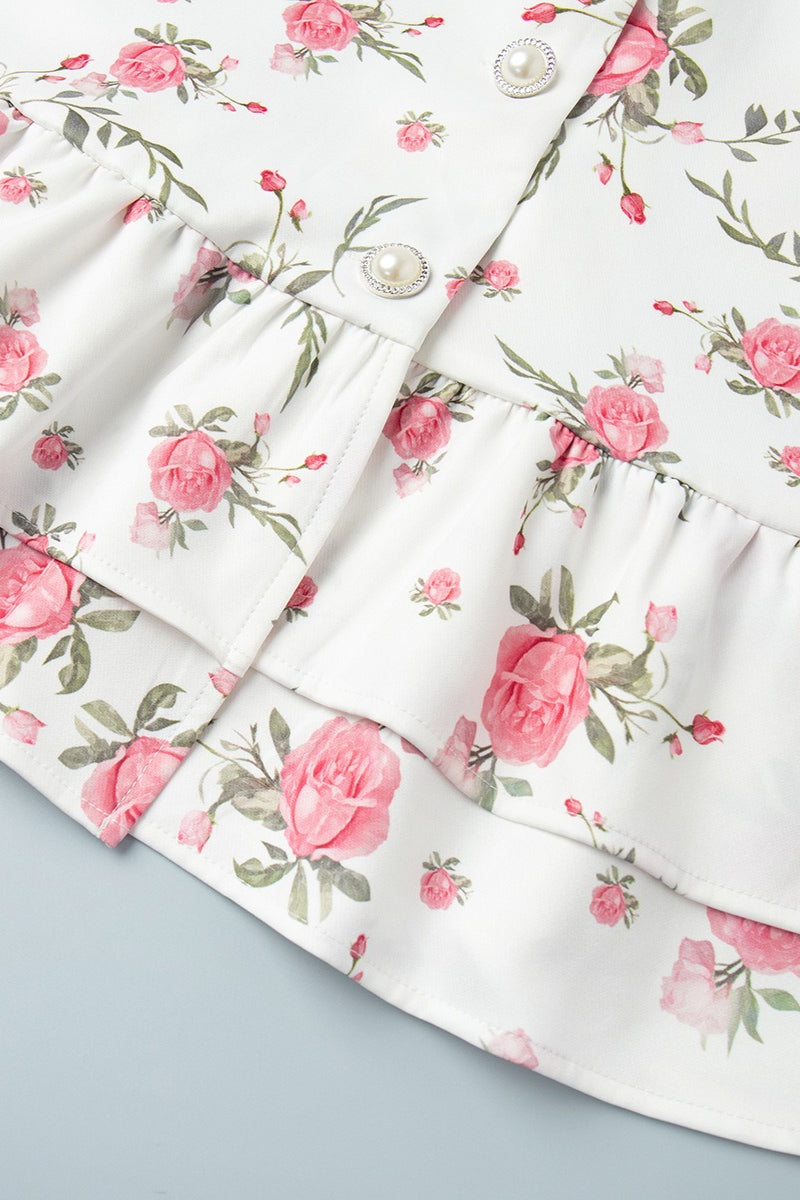 Oversized Collar Puff Sleeve Pearl Button Ruffle Tier Hem Floral Print Mini Dress