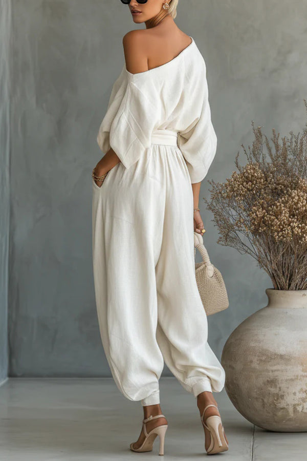 Solid Color Off-shoulder Loose Top and Elastic Waist Casual Pocket Wide-leg Pants Set