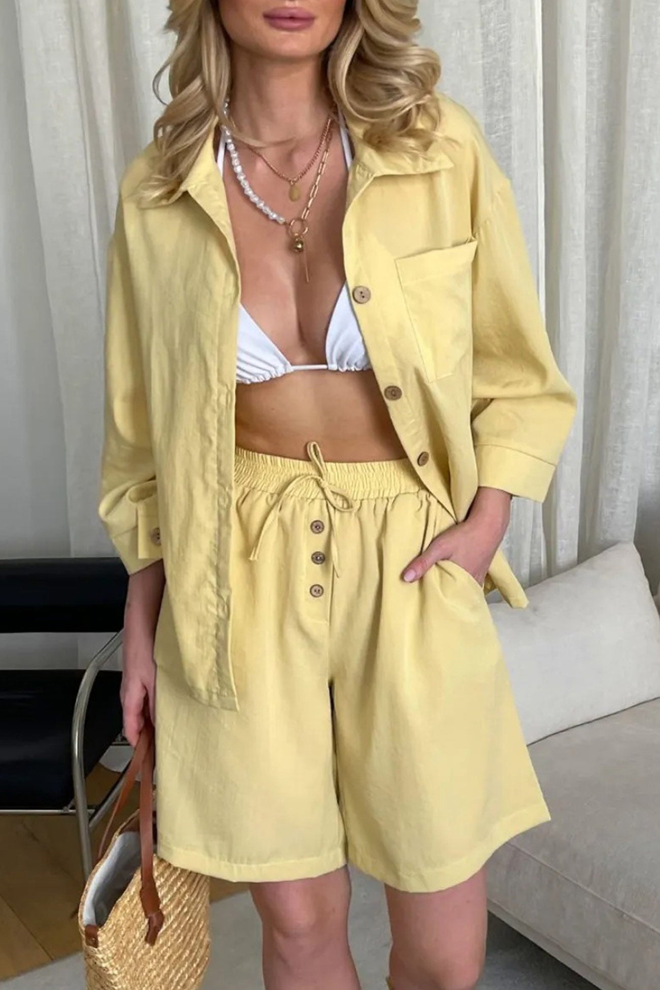 Solid Color Shirt Single-breasted Bermuda Shorts Set