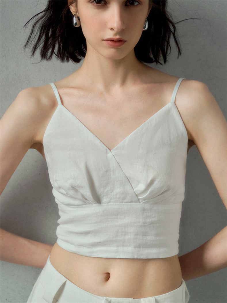 Solid Color Linen Off-shoulder Vacation Style Vest