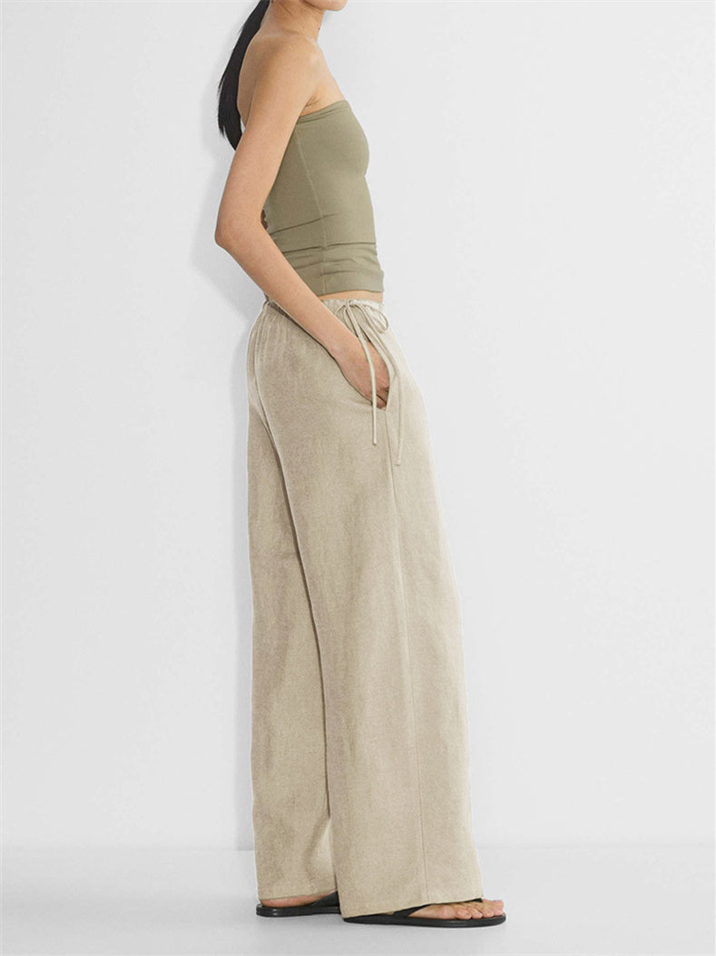 Linen Solid Color Crisscross Strap Non-stretch Loose Trousers