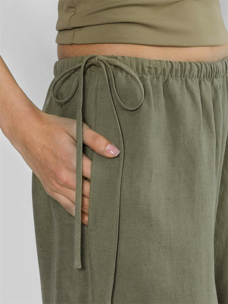 Linen Solid Color Crisscross Strap Non-stretch Loose Trousers