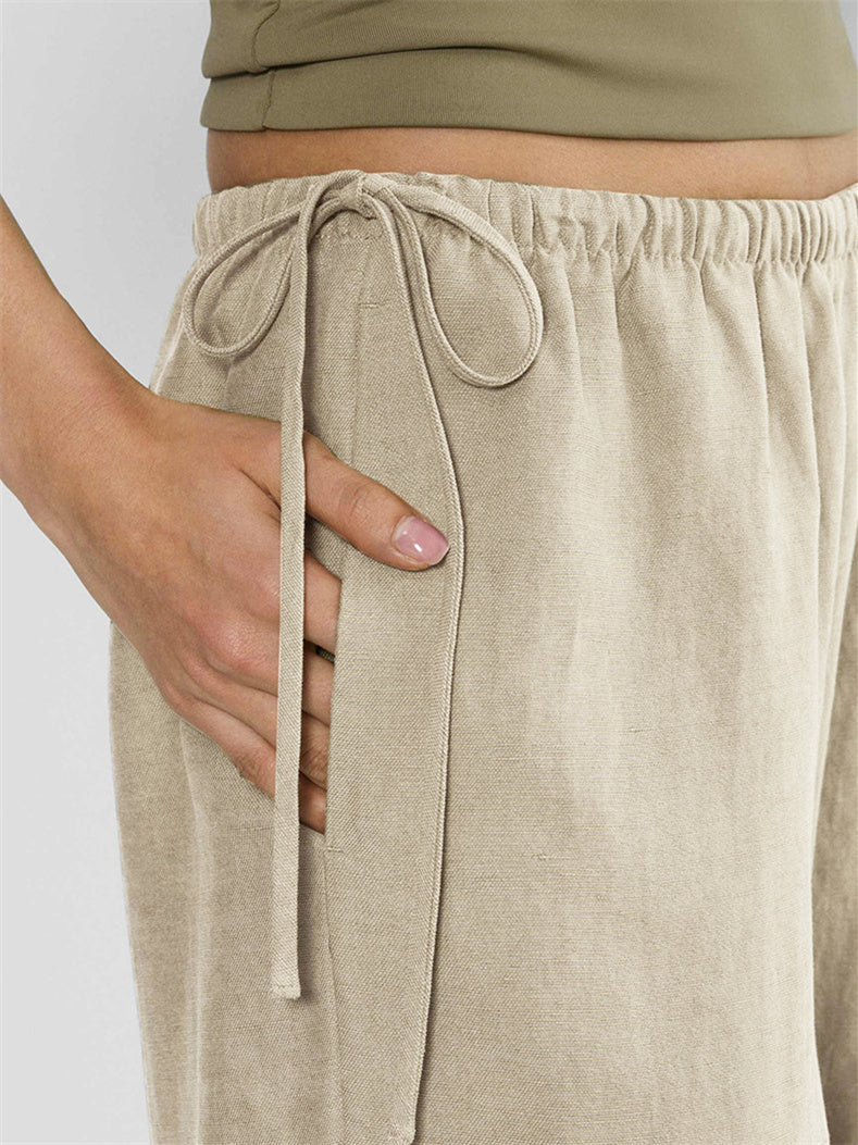 Linen Solid Color Crisscross Strap Non-stretch Loose Trousers