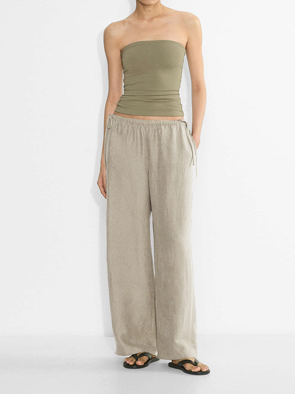 Linen Solid Color Crisscross Strap Non-stretch Loose Trousers