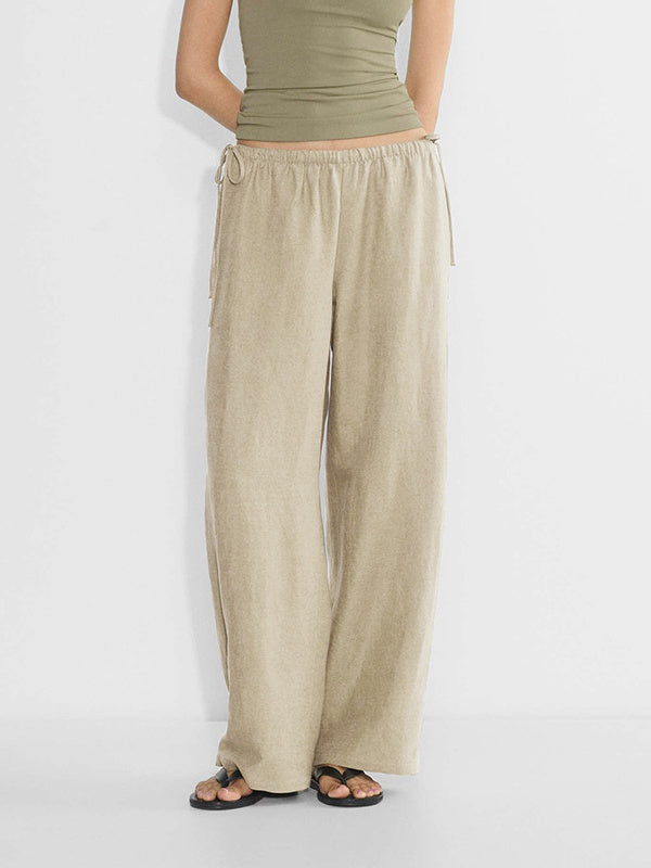 Linen Solid Color Crisscross Strap Non-stretch Loose Trousers