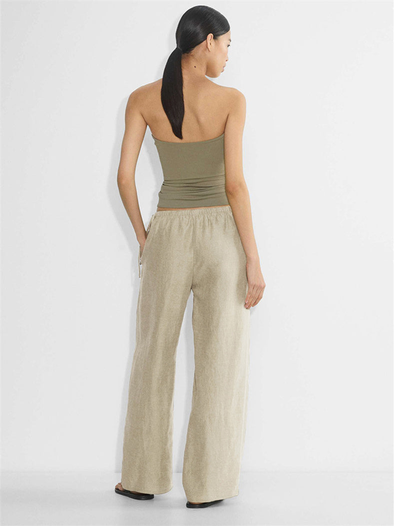 Linen Solid Color Crisscross Strap Non-stretch Loose Trousers