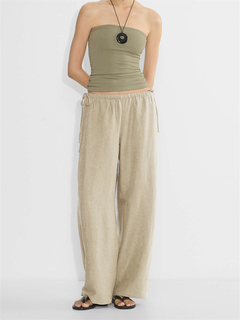 Linen Solid Color Crisscross Strap Non-stretch Loose Trousers