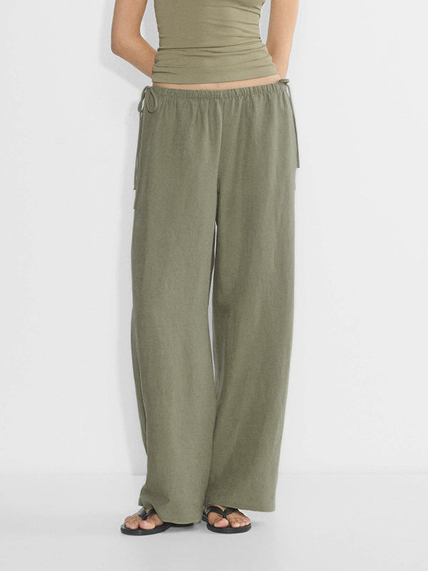 Linen Solid Color Crisscross Strap Non-stretch Loose Trousers