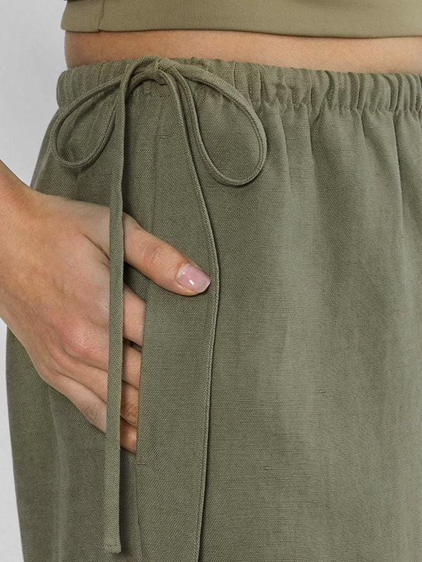 Linen Solid Color Crisscross Strap Non-stretch Loose Trousers