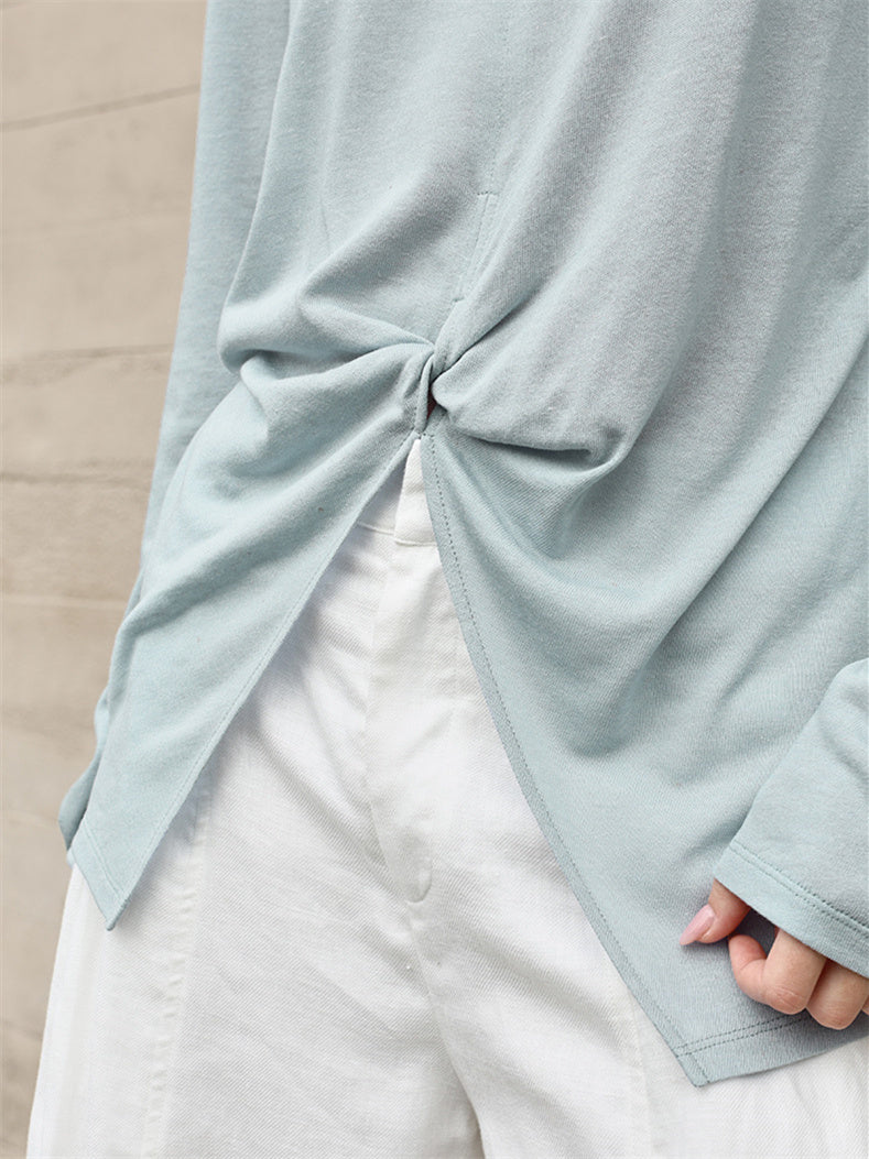 Linen Solid Color Long-sleeved Split Mesh See-through Top