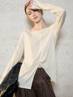 Linen Solid Color Long-sleeved Split Mesh See-through Top