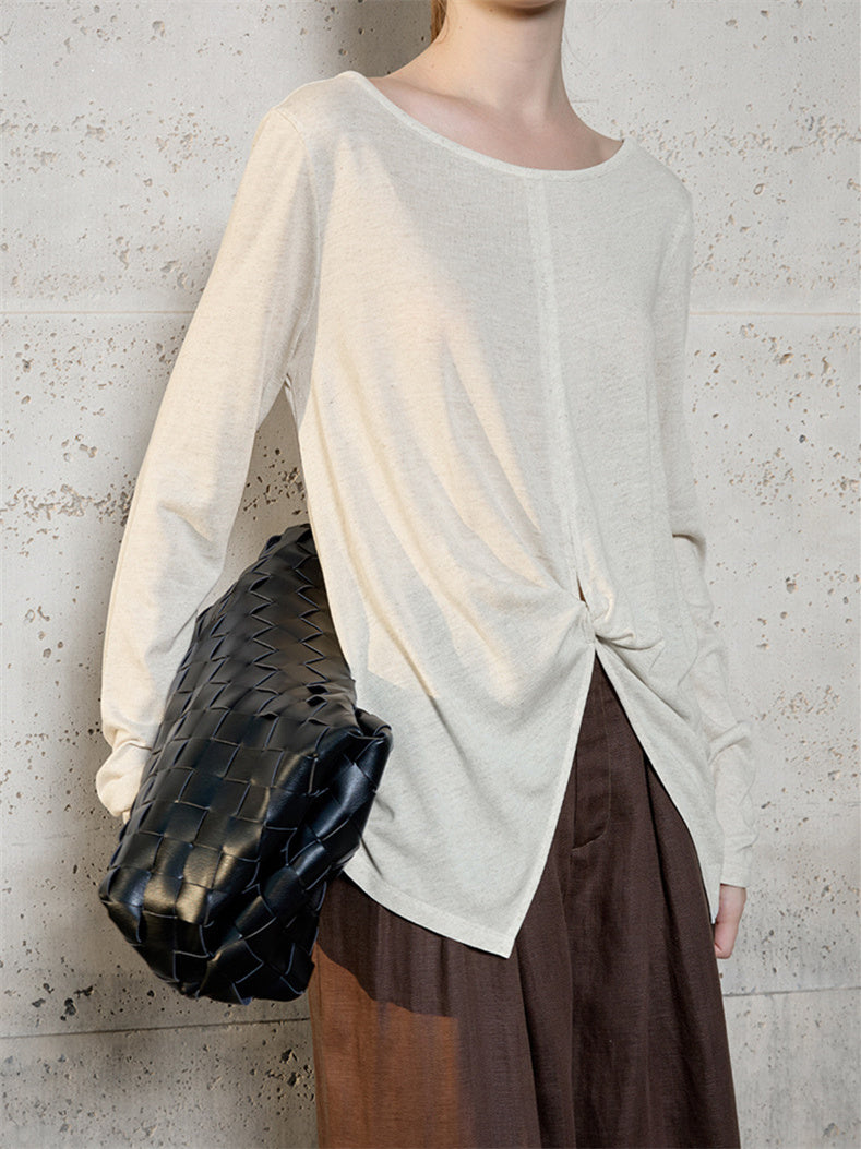 Linen Solid Color Long-sleeved Split Mesh See-through Top