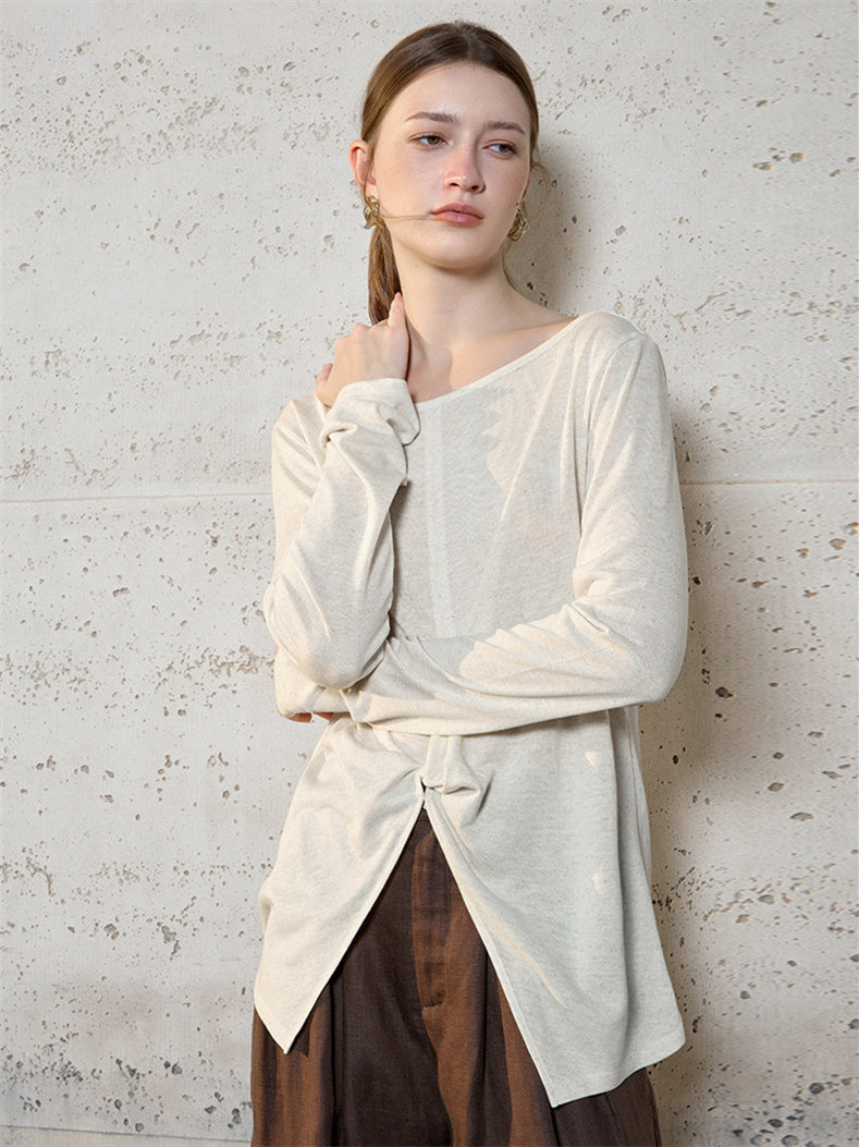 Linen Solid Color Long-sleeved Split Mesh See-through Top