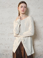 Linen Solid Color Long-sleeved Split Mesh See-through Top