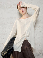 Linen Solid Color Long-sleeved Split Mesh See-through Top