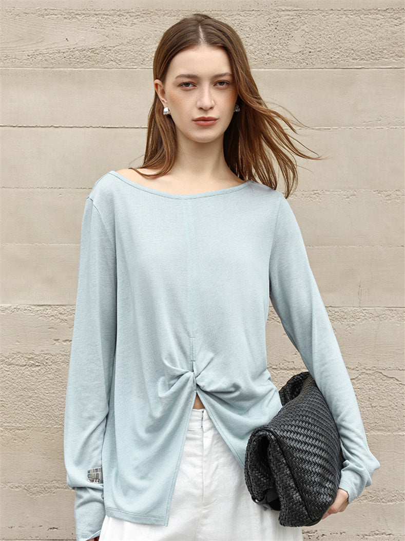 Linen Solid Color Long-sleeved Split Mesh See-through Top