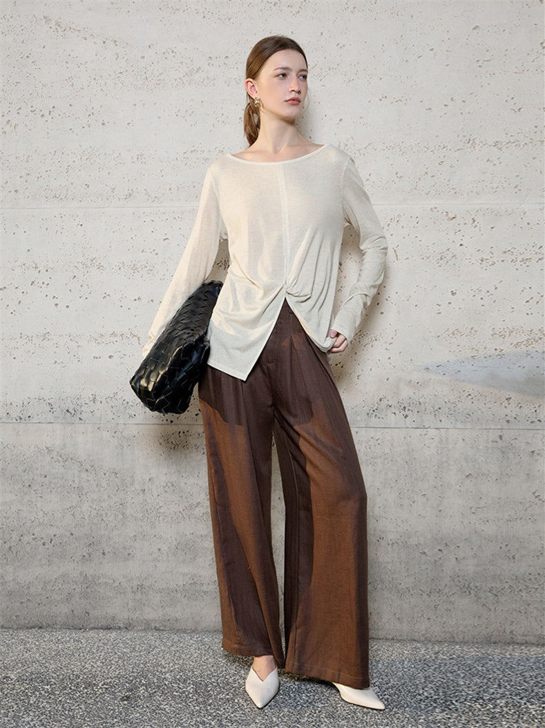 Linen Solid Color Long-sleeved Split Mesh See-through Top