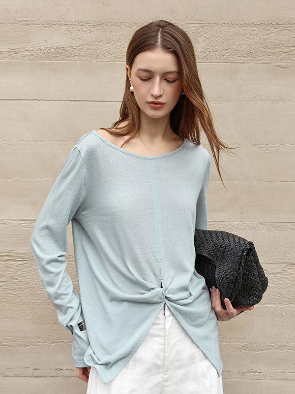 Linen Solid Color Long-sleeved Split Mesh See-through Top