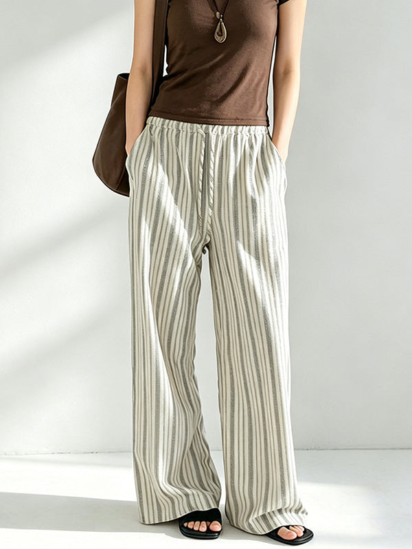 Breathable Linen Blend Retro Striped Floor-length Wide-leg Pants