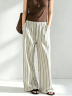 Breathable Linen Blend Retro Striped Floor-length Wide-leg Pants
