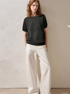 Simple Solid Color Three-quarter Sleeve Loose Blend Fabric T T-shirt