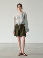 Solid Color Linen Sheer Long-sleeved Layered Chiffon Blouse