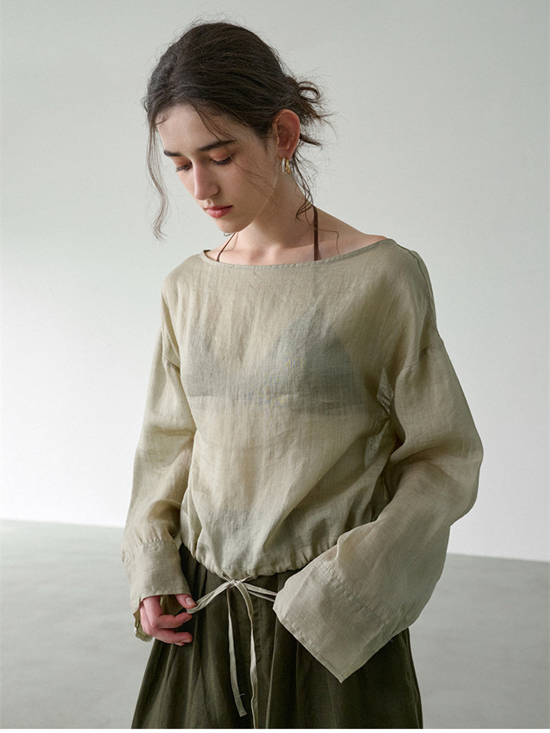 Solid Color Linen Sheer Long-sleeved Layered Chiffon Blouse