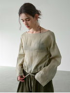 Solid Color Linen Sheer Long-sleeved Layered Chiffon Blouse