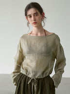 Solid Color Linen Sheer Long-sleeved Layered Chiffon Blouse