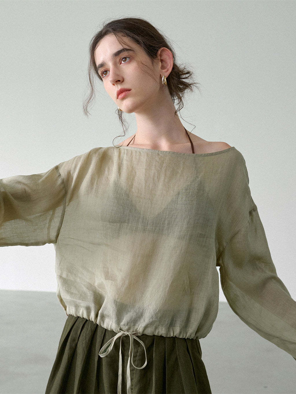Solid Color Linen Sheer Long-sleeved Layered Chiffon Blouse