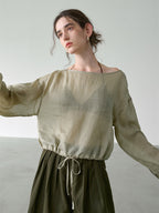 Solid Color Linen Sheer Long-sleeved Layered Chiffon Blouse