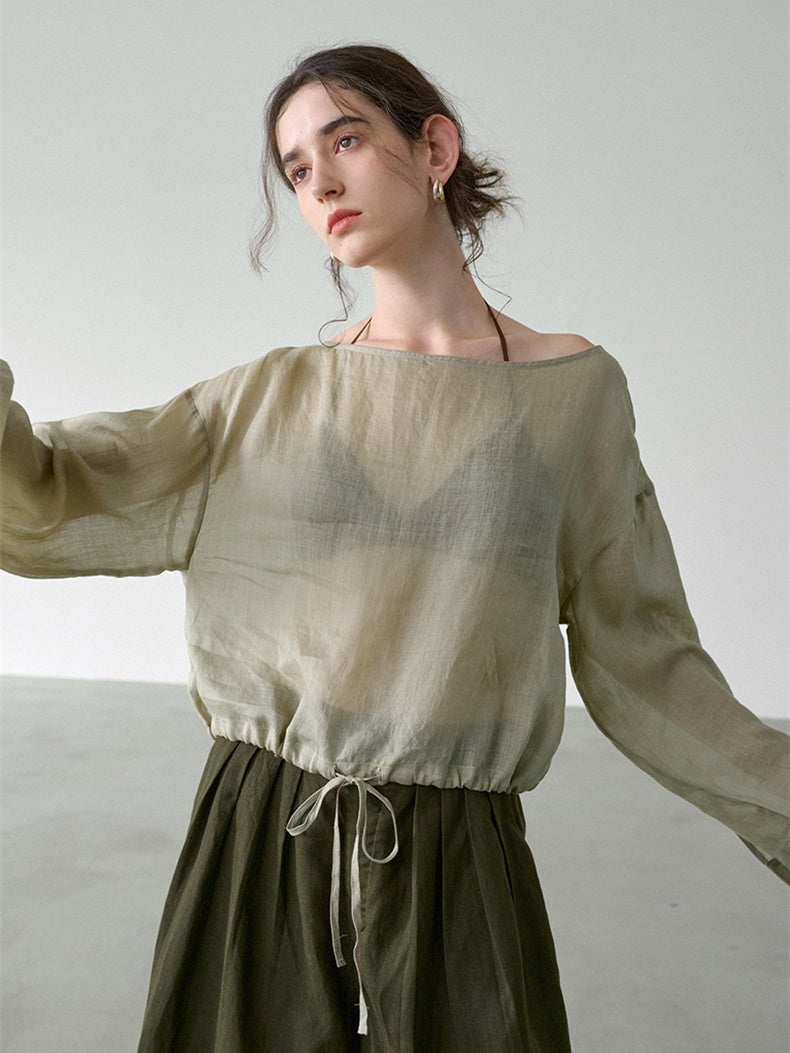 Solid Color Linen Sheer Long-sleeved Layered Chiffon Blouse