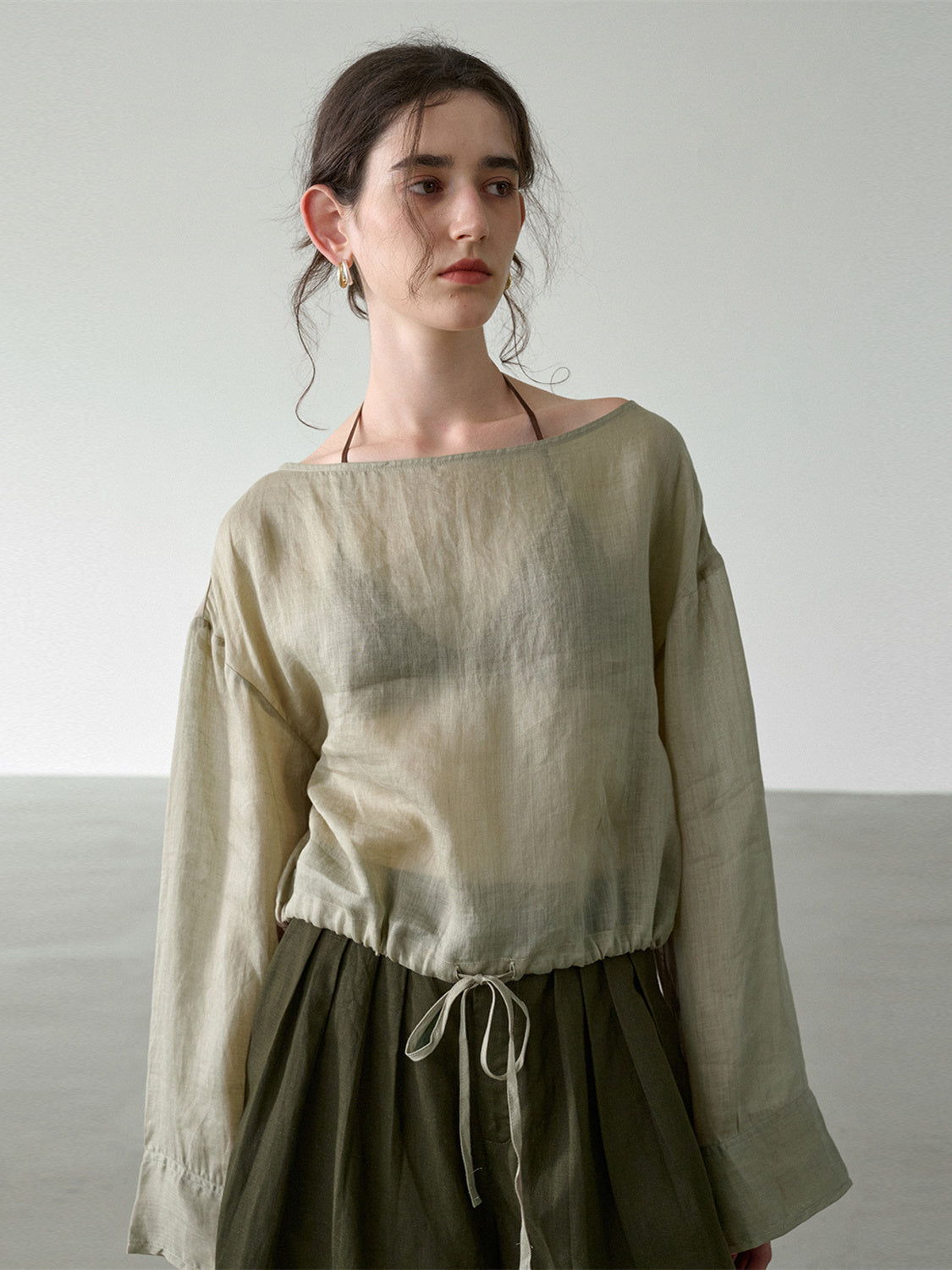 Solid Color Linen Sheer Long-sleeved Layered Chiffon Blouse