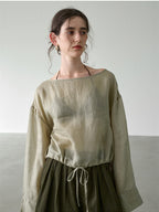 Solid Color Linen Sheer Long-sleeved Layered Chiffon Blouse