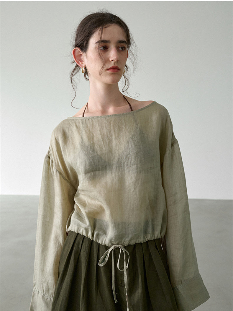 Solid Color Linen Sheer Long-sleeved Layered Chiffon Blouse