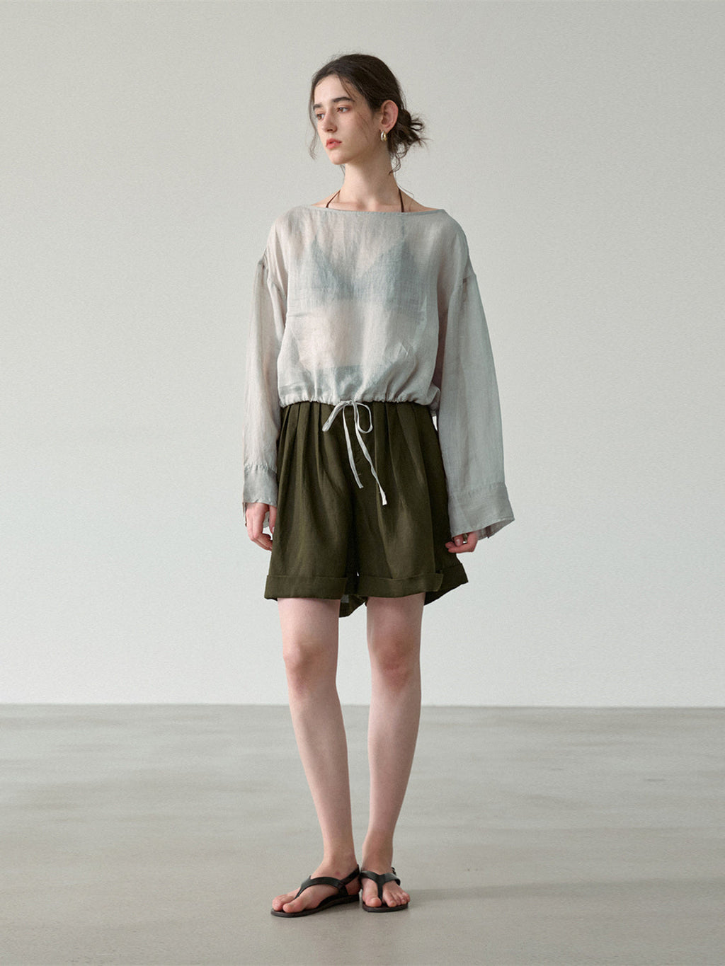Solid Color Linen Sheer Long-sleeved Layered Chiffon Blouse