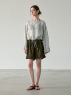 Solid Color Linen Sheer Long-sleeved Layered Chiffon Blouse