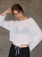 Solid Color Linen Sheer Long-sleeved Layered Chiffon Blouse