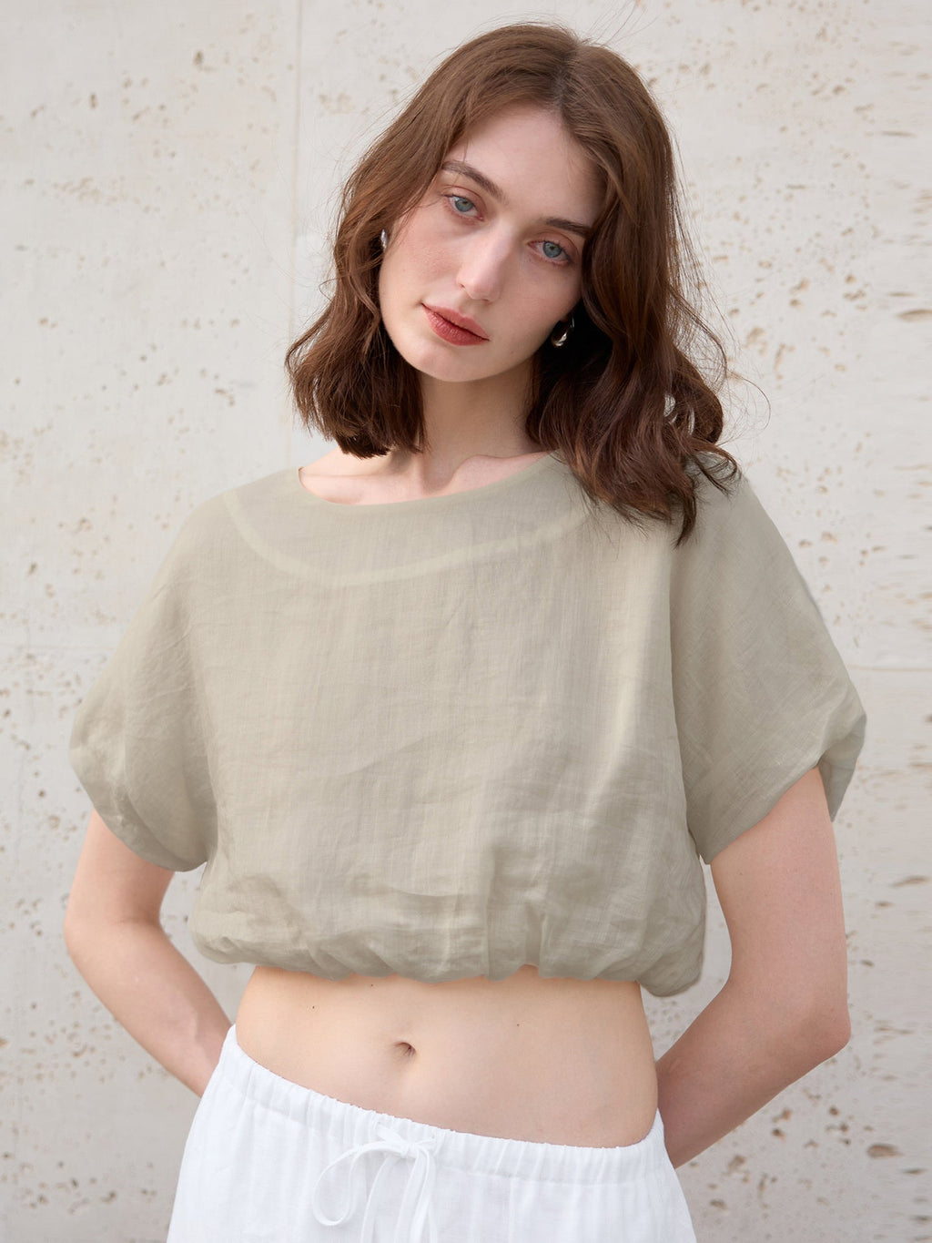 Linen Solid Color Short-sleeved Cropped Mesh See-through Top
