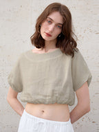 Linen Solid Color Short-sleeved Cropped Mesh See-through Top