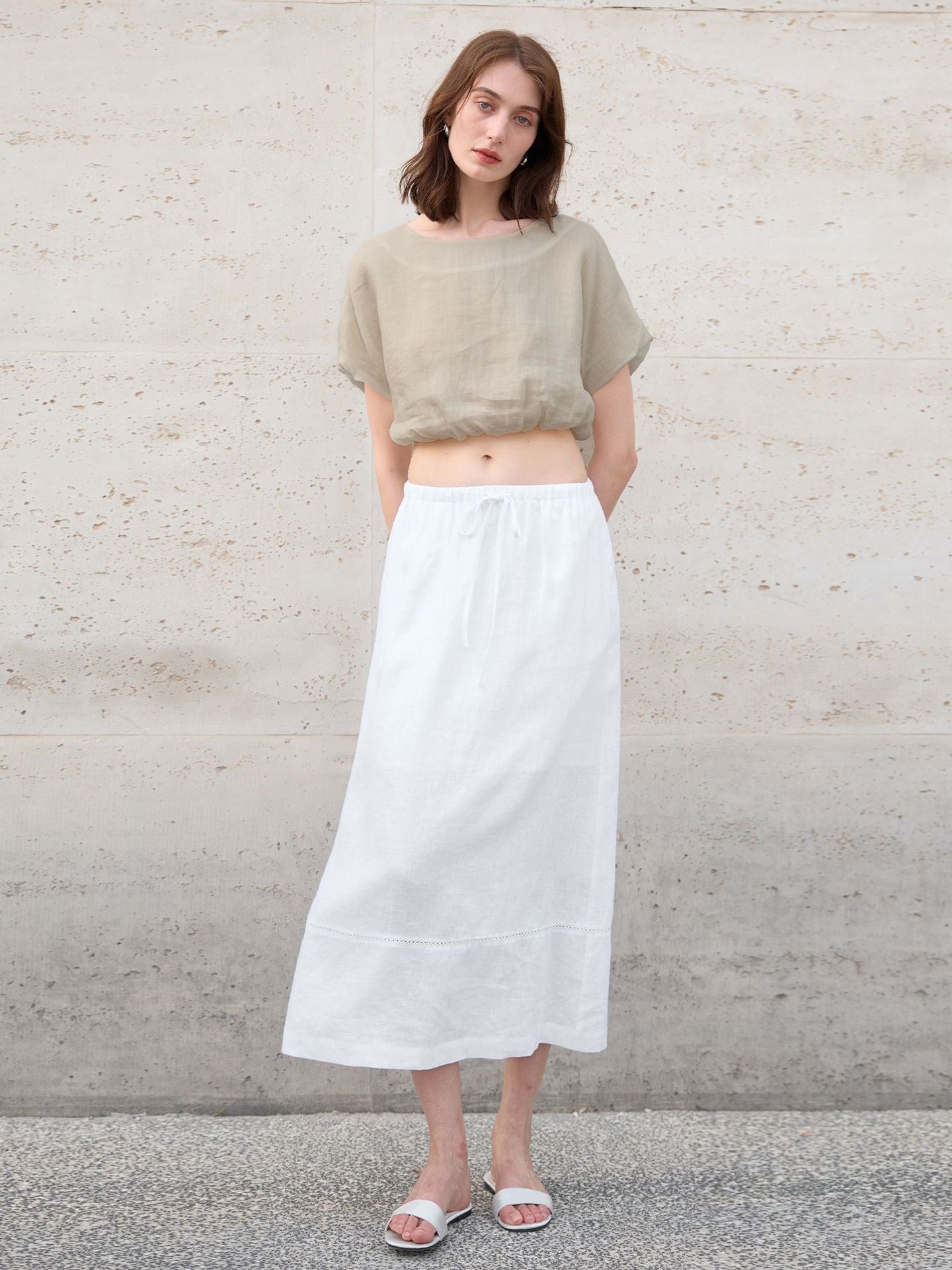 Linen Solid Color Short-sleeved Cropped Mesh See-through Top
