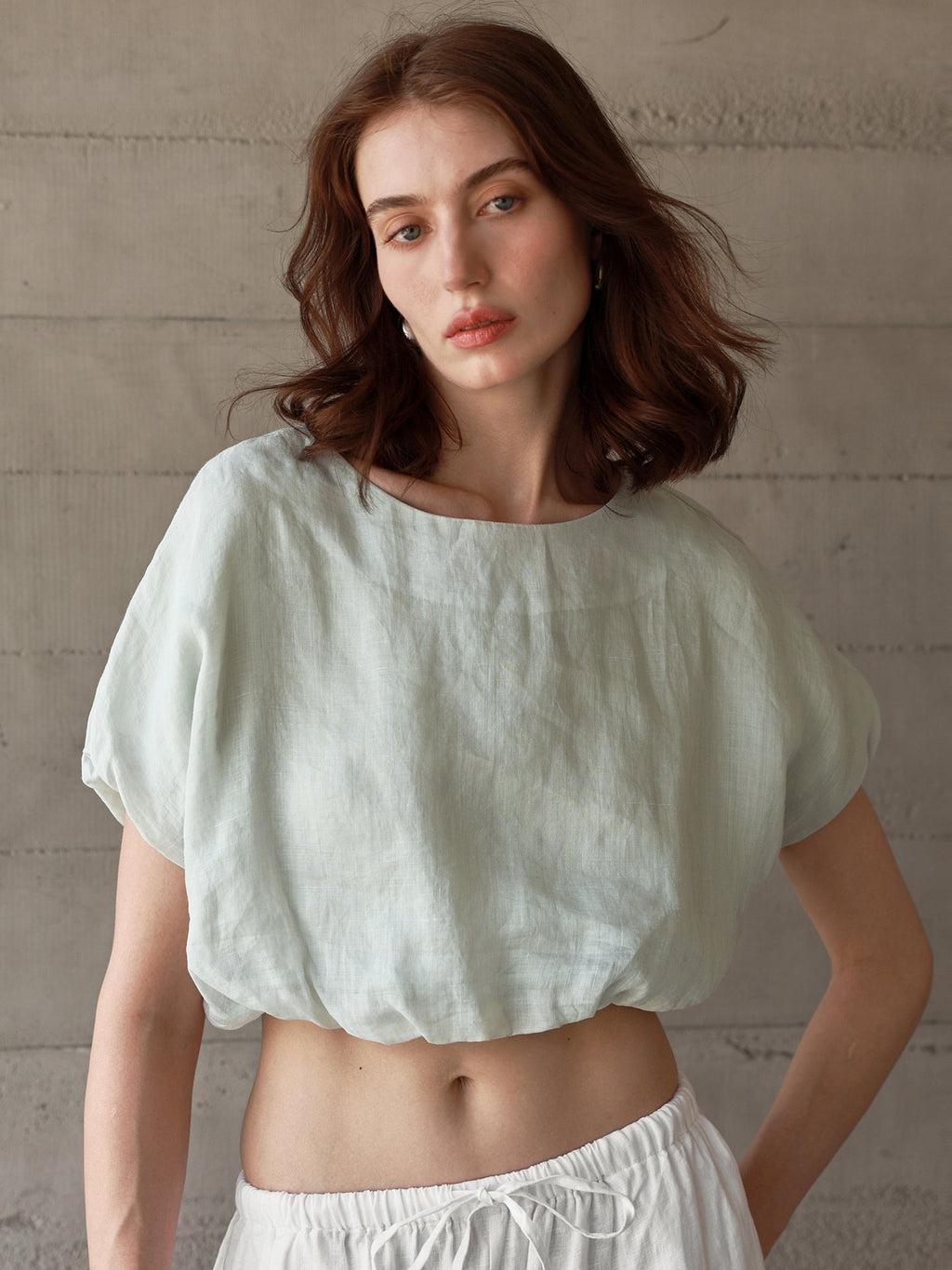Linen Solid Color Short-sleeved Cropped Mesh See-through Top