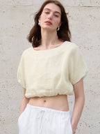 Linen Solid Color Short-sleeved Cropped Mesh See-through Top