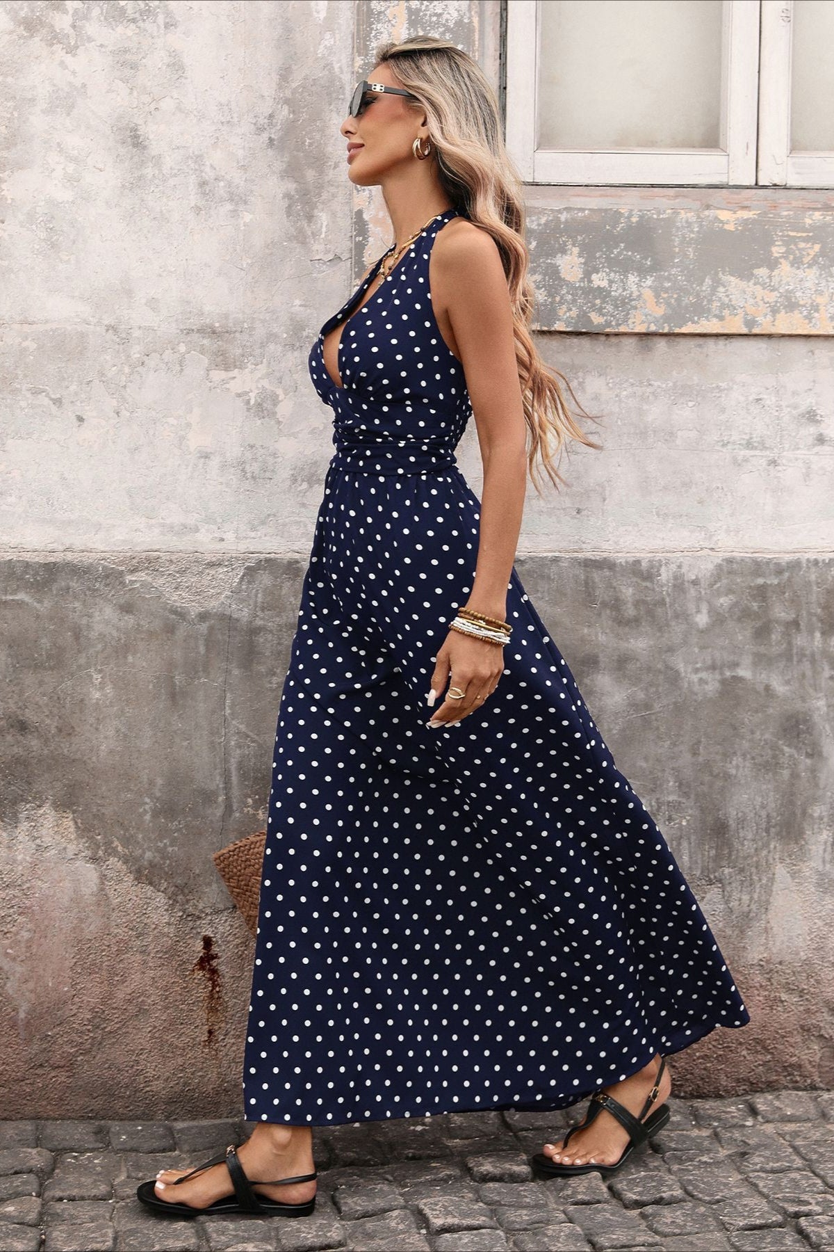 Deep V Halter Neck Polka Dot A Line Maxi Dress